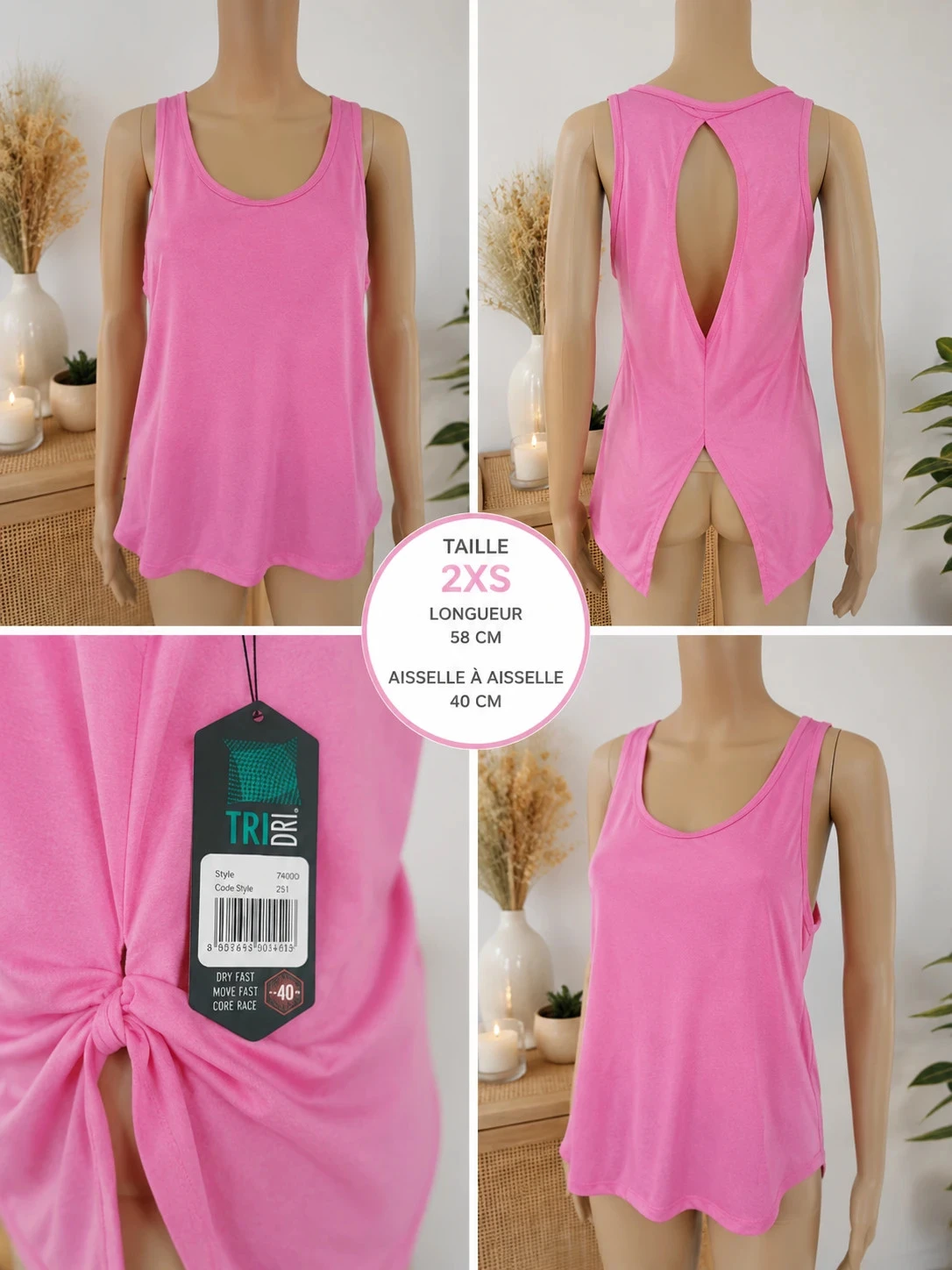 DĂ©bardeur sport rose TRI DRI 2XS â Dos ouvert â Neuf avec Ă©tiquette